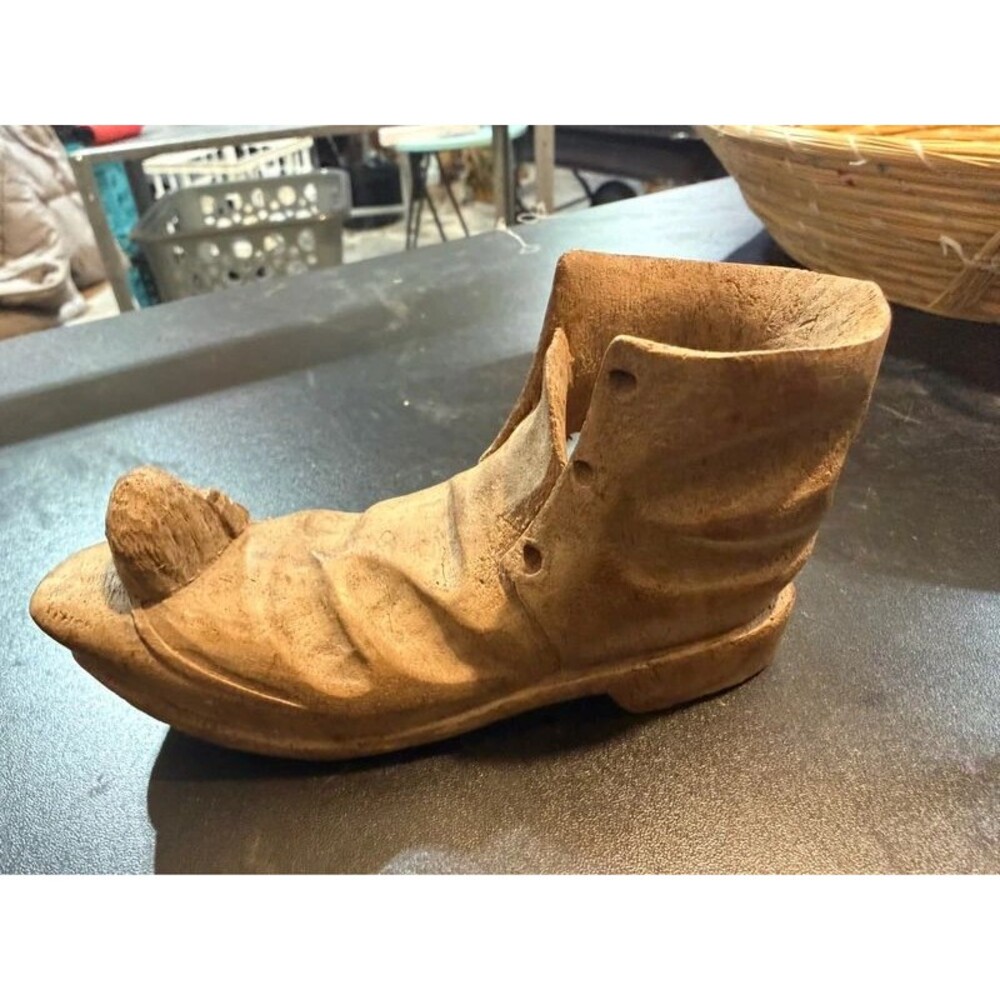Vintage Hand Carved Wooden Boot Matchstick Toothpick Holder Folk Art